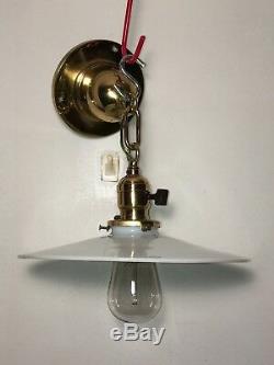 Antique c1910 Industrial Hanging Opal Light Fixture VTG Flat Milk Glass Shade