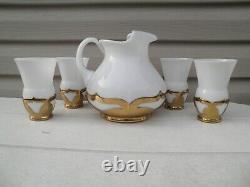 Art Deco Cambridge Milk Glass Pitcher Set- Farber Brass Holders-Stickers On