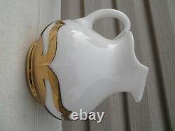 Art Deco Cambridge Milk Glass Pitcher Set- Farber Brass Holders-Stickers On