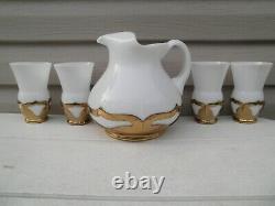 Art Deco Cambridge Milk Glass Pitcher Set- Farber Brass Holders-Stickers On