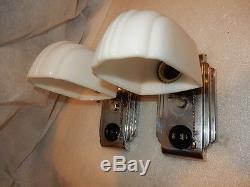 Art Deco Nickel Plate Streamlined Wall Sconces with Original Milk Glass Shades