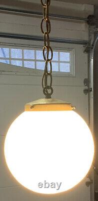 Art Deco Satin Milk Glass Shade Ceiling Light Fixture Lamp, Brass Globe