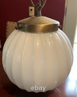 Art Deco Satin Milk Glass Shade Ceiling Light Fixture Lamp, Brass Globe