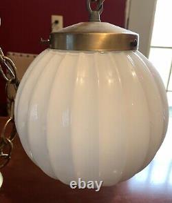 Art Deco Satin Milk Glass Shade Ceiling Light Fixture Lamp, Brass Globe