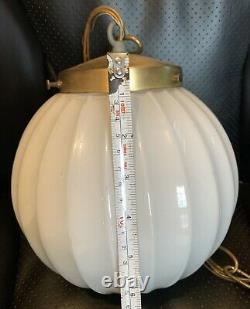 Art Deco Satin Milk Glass Shade Ceiling Light Fixture Lamp, Brass Globe