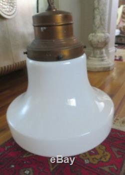 Art Deco School Brass and Milk Glass Pendant Light 1920s