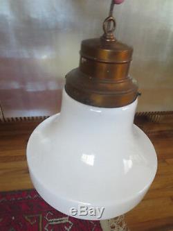 Art Deco School Brass and Milk Glass Pendant Light 1920s