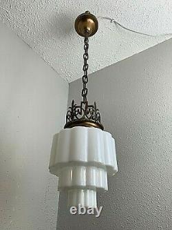 Art Deco Skyscraper Chandelier Ceiling Fixture Milk Glass Shade