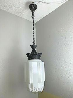 Art Deco Skyscraper Chandelier Ceiling Fixture Milk Glass Shade