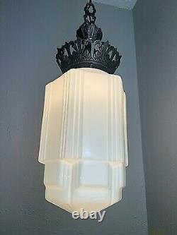 Art Deco Skyscraper Chandelier Ceiling Fixture Milk Glass Shade