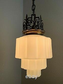 Art Deco Skyscraper Chandelier Ceiling Fixture Milk Glass Shade