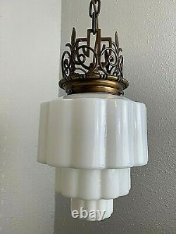 Art Deco Skyscraper Chandelier Ceiling Fixture Milk Glass Shade