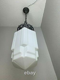 Art Deco Skyscraper Chandelier Ceiling Fixture Milk Glass Shade