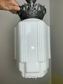 Art Deco Skyscraper Chandelier Ceiling Fixture Milk Glass Shade