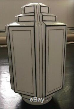 Art Deco Skyscraper White Milk Glass Pendant Shade Black Painted Lines 3 Tier