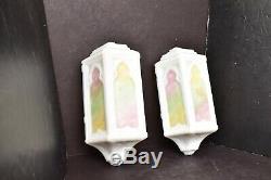 Art Deco Slip shade MILK Glass Wall Sconce Shades Pair painted Cathedral windows