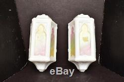 Art Deco Slip shade MILK Glass Wall Sconce Shades Pair painted Cathedral windows