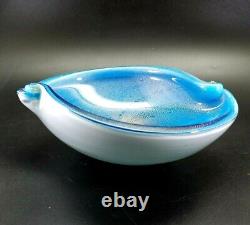 Art Glass Mouth Blown Glass Bowl Blue and Milk White Silver Leafing