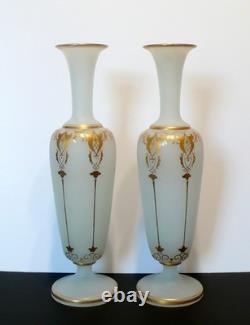 Art Nouveau French Opaline White Milk Glass Vases Pair Hand Blown Gold Gilt 30c