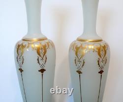 Art Nouveau French Opaline White Milk Glass Vases Pair Hand Blown Gold Gilt 30c