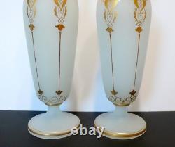 Art Nouveau French Opaline White Milk Glass Vases Pair Hand Blown Gold Gilt 30c