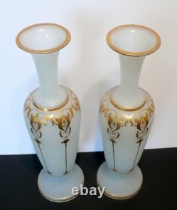 Art Nouveau French Opaline White Milk Glass Vases Pair Hand Blown Gold Gilt 30c
