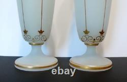 Art Nouveau French Opaline White Milk Glass Vases Pair Hand Blown Gold Gilt 30c