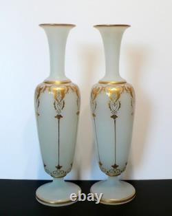 Art Nouveau French Opaline White Milk Glass Vases Pair Hand Blown Gold Gilt 30c