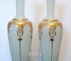 Art Nouveau French Opaline White Milk Glass Vases Pair Hand Blown Gold Gilt 30c