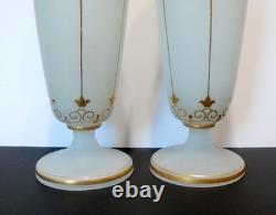 Art Nouveau French Opaline White Milk Glass Vases Pair Hand Blown Gold Gilt 30c