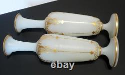 Art Nouveau French Opaline White Milk Glass Vases Pair Hand Blown Gold Gilt 30c