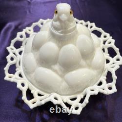 Atterbury 1889 Chick In Egg Pile Covered Dish Milk Glass Lace Dancing Sailor