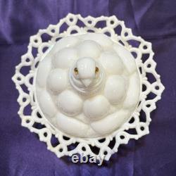 Atterbury 1889 Chick In Egg Pile Covered Dish Milk Glass Lace Dancing Sailor