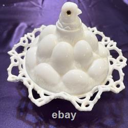 Atterbury 1889 Chick In Egg Pile Covered Dish Milk Glass Lace Dancing Sailor