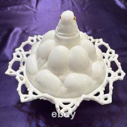 Atterbury 1889 Chick In Egg Pile Covered Dish Milk Glass Lace Dancing Sailor