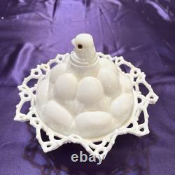 Atterbury 1889 Chick In Egg Pile Covered Dish Milk Glass Lace Dancing Sailor