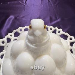 Atterbury 1889 Chick In Egg Pile Covered Dish Milk Glass Lace Dancing Sailor