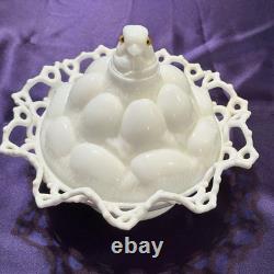 Atterbury 1889 Chick In Egg Pile Covered Dish Milk Glass Lace Dancing Sailor