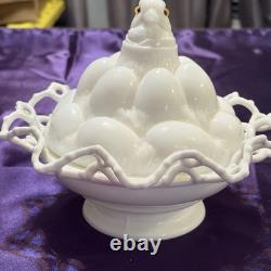 Atterbury 1889 Chick In Egg Pile Covered Dish Milk Glass Lace Dancing Sailor