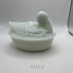 Atterbury & Co Style Duck Covered Dish Opal Ware Milk Glass With Base