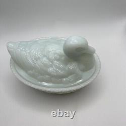 Atterbury & Co Style Duck Covered Dish Opal Ware Milk Glass With Base