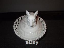 Atterbury Fox on Nest Dancing Sailors Lacy Edge Base Milk Glass Covered Dish