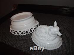 Atterbury Fox on Nest Dancing Sailors Lacy Edge Base Milk Glass Covered Dish