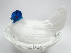 Atterbury Hen on Nest Clear Blue Head Milk Glass Covered Dish Antique 1800s