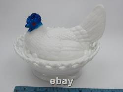 Atterbury Hen on Nest Clear Blue Head Milk Glass Covered Dish Antique 1800s