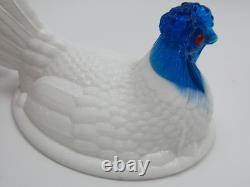 Atterbury Hen on Nest Clear Blue Head Milk Glass Covered Dish Antique 1800s