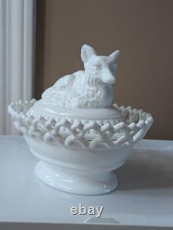 Atterbury Milk Glass Fox On A Nest Lidded Laced Basket Pat. 1889 Hard To Find