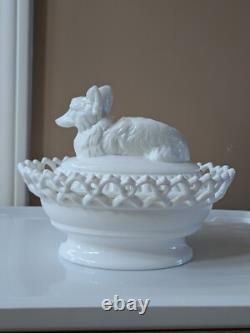 Atterbury Milk Glass Fox On A Nest Lidded Laced Basket Pat. 1889 Hard To Find