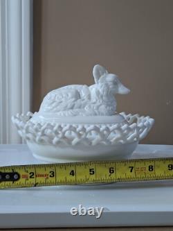 Atterbury Milk Glass Fox On A Nest Lidded Laced Basket Pat. 1889 Hard To Find