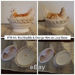 Atterbury Red/Orange Marble Hen Antique/Vintage Milk Glass Covered Dish